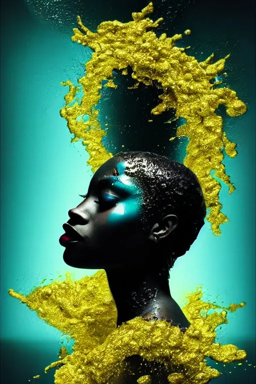 Prompt: hyperrealistic post - dada cinematic very expressive! profile black oshun goddess, head emerging from water, mirror dripping droplet!, gold flowers, highly detailed face, digital art masterpiece, smooth eric zener cam de leon, dynamic pearlescent teal light, low angle uhd 8 k, sharp focus