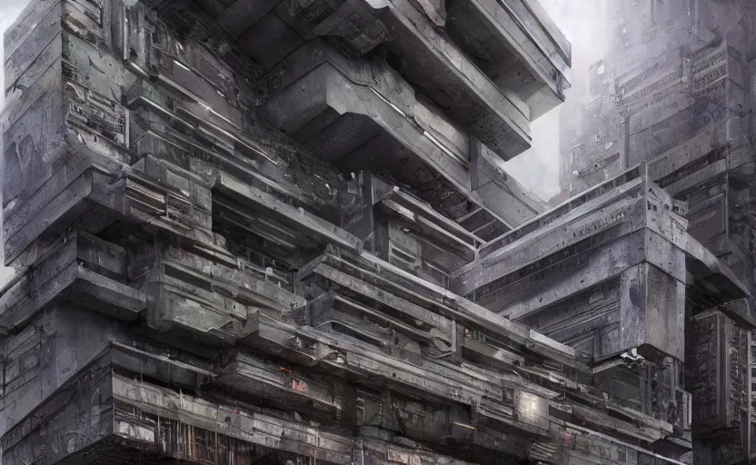 Image similar to Brutalist architecture buildings, hyperrealistic mixed media, stunning 3d render inspired art by P. Craig Russell and Barry Windsor-Smith + perfect facial symmetry + dim volumetric lighting, 8k octane beautifully detailed render, post-processing, extremely hyperdetailed, intricate futuristic mechanic parts, epic composition, grim yet sparkling atmosphere, cinematic lighting + masterpiece, trending on artstation