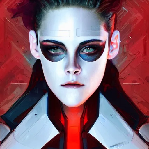 Prompt: Portrait of a cyborg Kristen Stewart in mirror mask, digital art from artstation by Ikeuchi and artgerm and james jean and greg rutkowski and alphonse mucha, red LED lights, extremely beautiful and proportionate face, sharp focus, hyper detailled