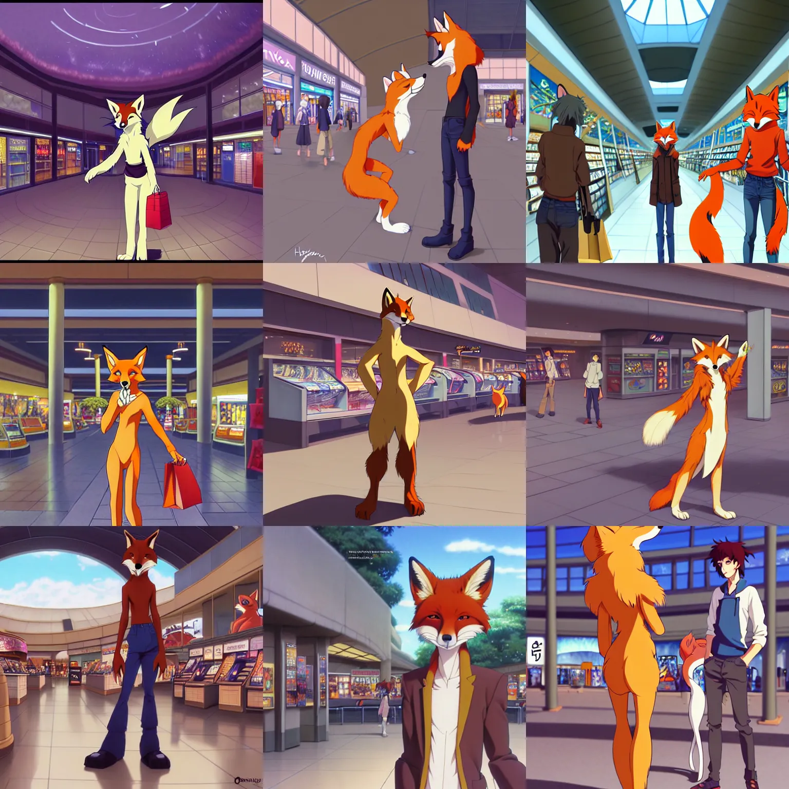 Image similar to anthro art commission of an anthropomorphic natural furry ( ( fox ) ) person shopping at a futuristic mall, photorealistic, key anime art, makoto shinkai, james gurney, don bluth, disney!!!!, hibbary, dark natasha, goldenwolf, furaffinity, fursona, greg rutkowski