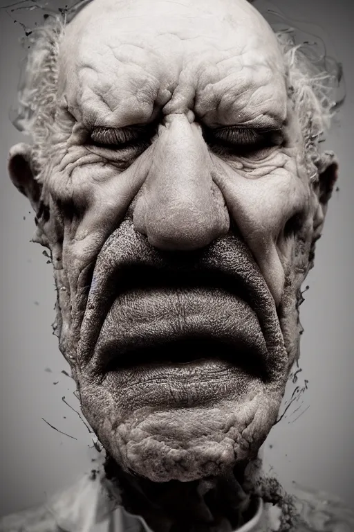 Prompt: Hyper realistic portrait of a old man with melting face, Dark Studio Lighting, fog, by Emil Melmoth, Trending on Artstation, 8k