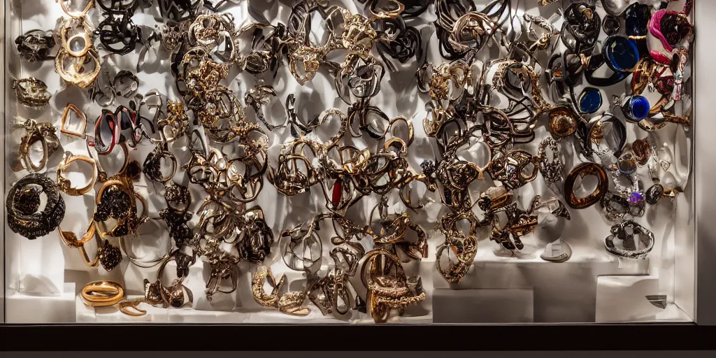 Prompt: maximalist style collection of rings in a display cabinet, product shot, studio lighting, contemporary design