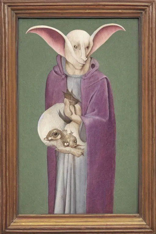 Prompt: silly hieronymus bosch framed oil painting of a bat in fancy felt robes. muted colour palette