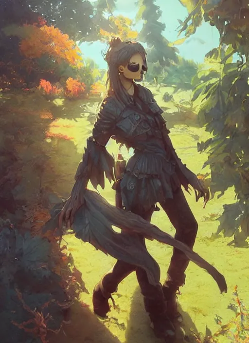 Prompt: a portrait of a female character who has a skull head, late afternoon sunshine, long shadows, scenic environment by Ross Tran and by Jesper Ejsing and by Mikalojus Konstantinas Ciurlionis