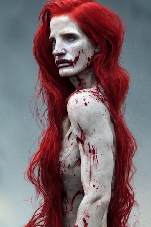 Prompt: woman skeleton covered with blood, jessica chastain face!!!, long red hair, ultra realistic, concept art, intricate details, highly detailed, 4 5 mm. photorealistic, octane render, 8 k, unreal engine. retro film still, heavy grain, 3 5 mm, art by artgerm and greg rutkowski and alphonse mucha