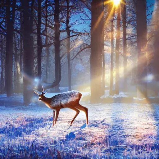 Prompt: deer on fire in a frozen forest, sparkles and sun rays, hyperrealistic, photo realistic, realistic, beautiful white lighting, in the middle of the day