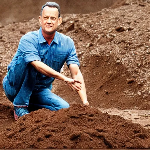 Image similar to Tom Hanks on all fours eating a pile of dirt