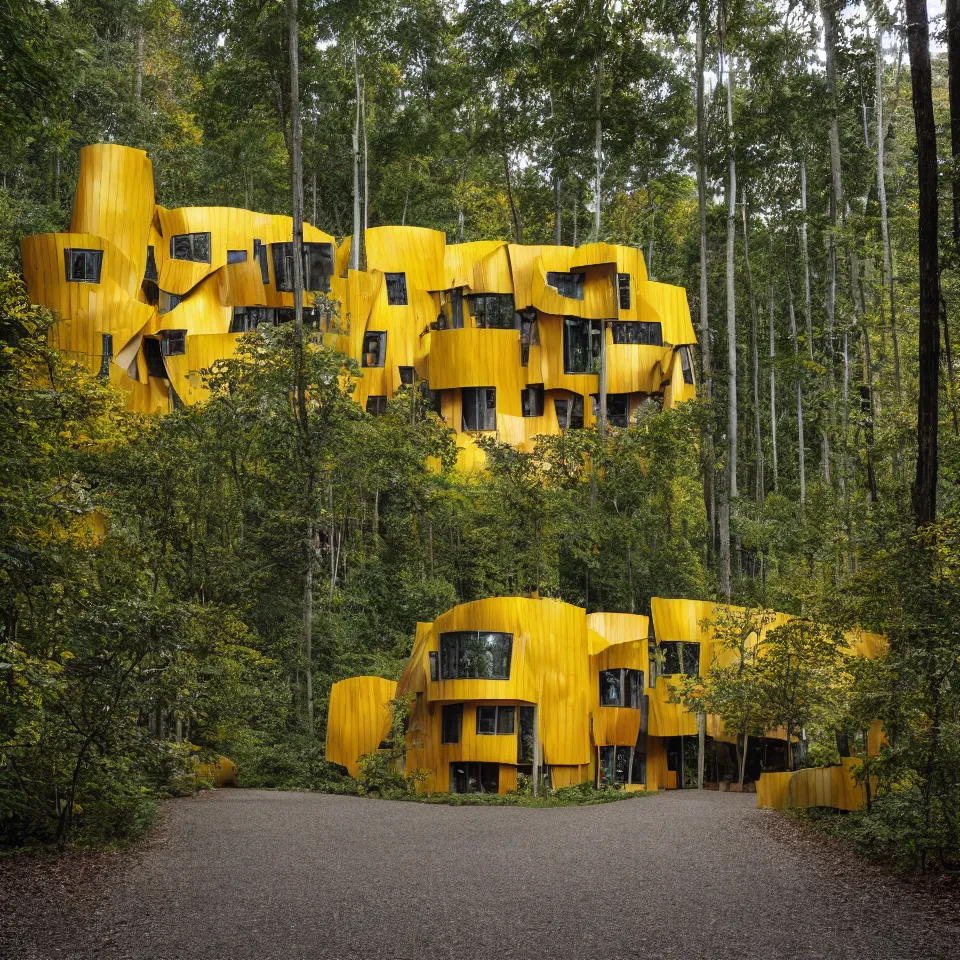 Prompt: a leveled house in a forest, designed by Frank Gehry. Tiles. Gravel pathway with parking. Film grain, cinematic, yellow hue