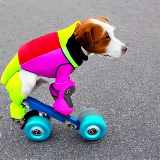 Image similar to “dog wearing brightly colored rolling skates”