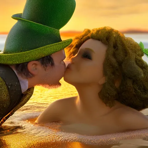 Prompt: a close up of a leprechaun kissing a mermaid on the beach. the sun is setting in the background, bathing the scene in beautiful golden light. high quality, photograph, unreal engine 5, 4 k uhd image, perfect lightning