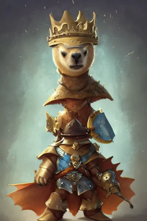 Image similar to cute anthropomorphic Capybara knight wearing a cape and a crown, tiny, small, miniature bear, baby animal, short, pale blue armor, cute and adorable, pretty, beautiful, DnD character art portrait, matte fantasy painting, DeviantArt Artstation, by Jason Felix by Steve Argyle by Tyler Jacobson by Peter Mohrbacher, cinematic lighting