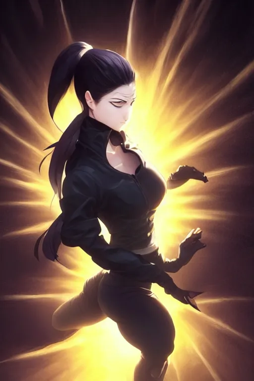 Prompt: black ponytail hair, pale woman in a black zipper jacket, yellow eyes, by artgerm, hair tied in a ponytail, black backdrop, masterpiece, beautiful render, matte painting, realistic, fighting pose, dynamic angle, by greg rutkowski makoto shinkai takashi takeuchi