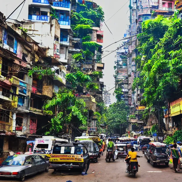 Prompt: streets of mumbai, future, mossy buildings, high fidelity, uncompressed png