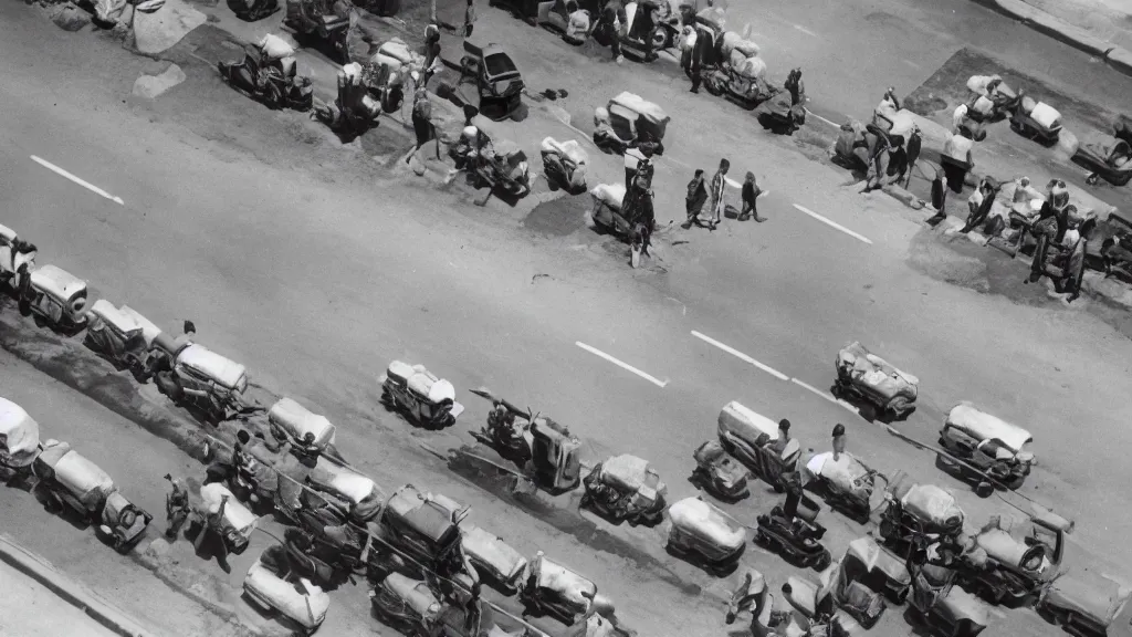 Prompt: a historic photo of a drone shot of a man holding grocery bags on both hands, standing in front of five tanks lined up approaching him on the highway