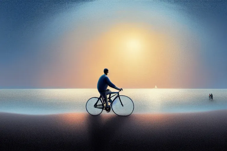 Image similar to photo of man riding a bicycle along the beach that is lit by glowing organisms underwater toward a lighthouse in the distance, wide horizon, large white clouds, intricate, elegant, highly detailed, digital painting, artstation, concept art, smooth, sharp focus, illustration, art by artgerm and greg rutkowski and fra angelico