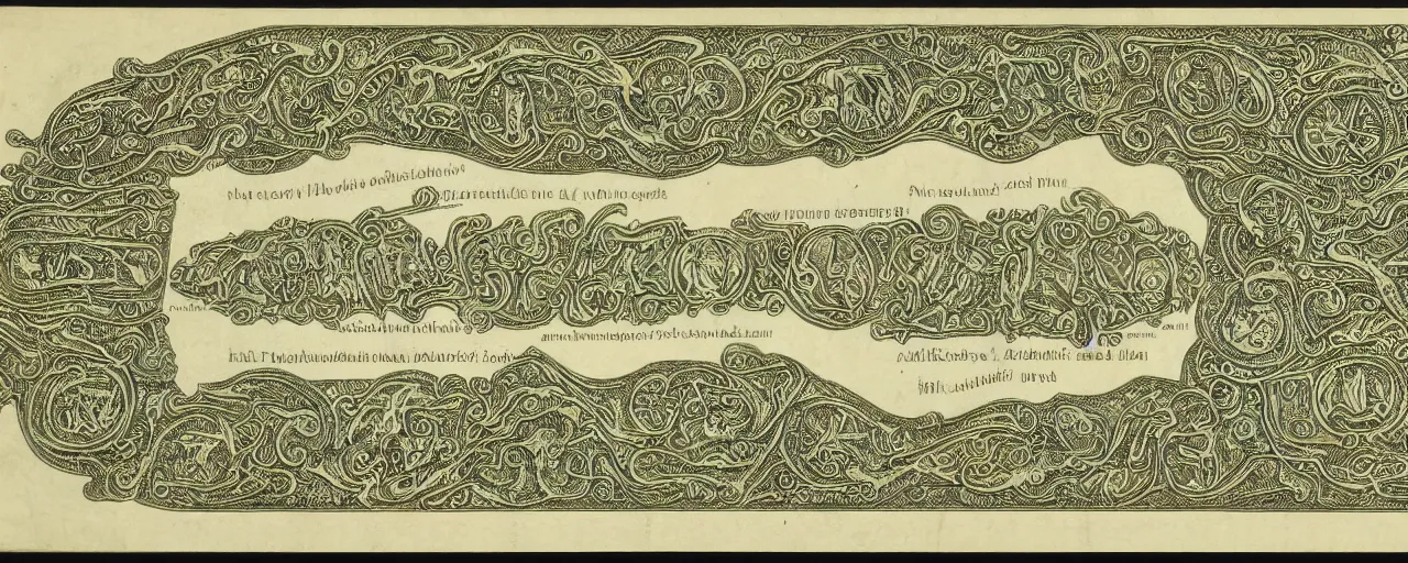 Prompt: Selknam money bill, very detailed engraving and decoration with autochthonous illustrations, 1925, ultradetailed, paper texture