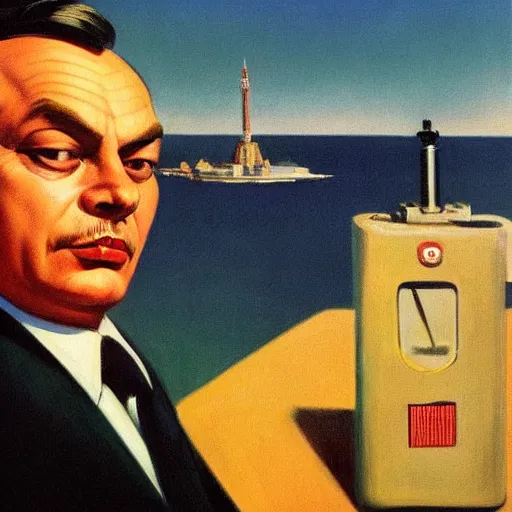 Prompt: highly detailed propaganda poster portrait of the leader of fascist hungary, viktor orban looking into the distance, oil pipes in the background, by edward hopper