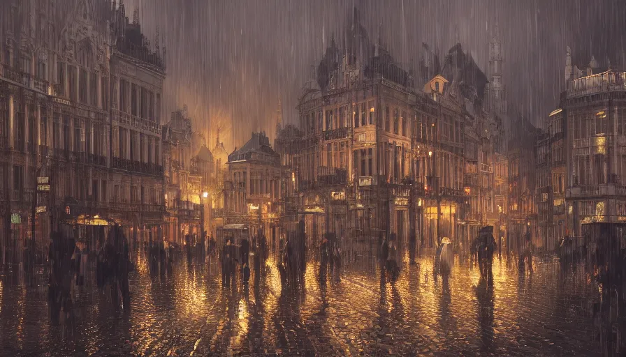 Image similar to Dark Brussels under rain, hyperdetailed, artstation, cgsociety, 8k