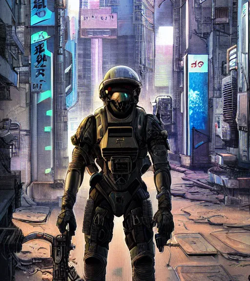 Image similar to a cyberpunk soldier with tactical gear and a rifle patrols a Japanese city on mars, Industrial Scifi, detailed illustration, character portrait, by Martin Grip and Moebius