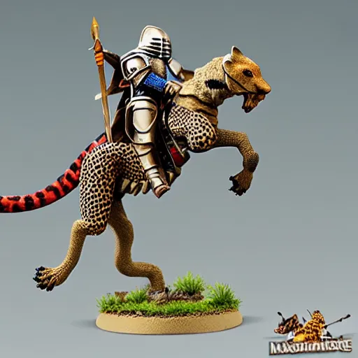 Image similar to A medieval knight riding on a giant two legged leopard gecko, highly detailed, painted wargaming miniature