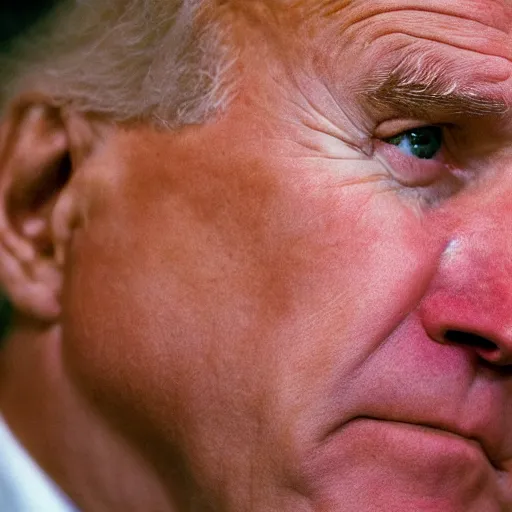 Image similar to Highly detailed close-up photograph of President Joe Biden’s face, slight smirk, single tear rolling down his cheek, photography by Steve McCurry, backlit