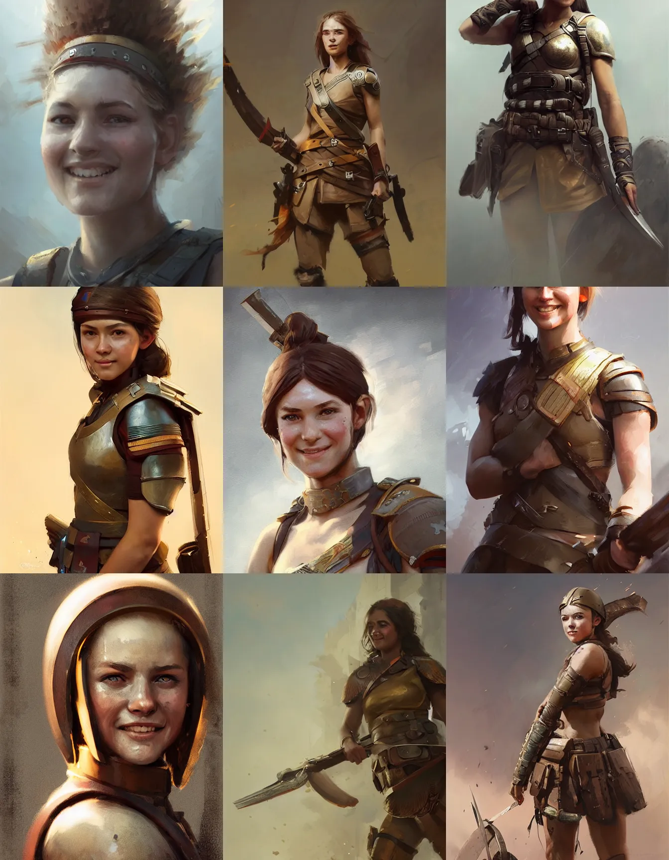 Prompt: young female sparta soldier, smiling, digital portrait by greg rutkowski, intricate, soft focus, highly detailed, cinematic, epic, artstation