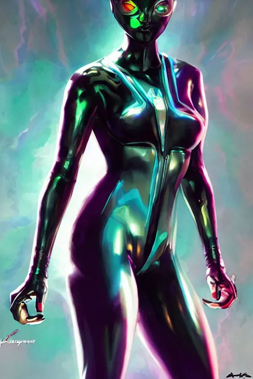 Image similar to extremely attractive superhero female character with the power of holographic warrfare, slender, curvy, high - tech futuristic holographic costume, laser, full view, cool pose, artwork by artgerm and kenneth rocafort, featured on artstation, cgsociety, detailed, award winning comic book cover character digital masterpiece, behance