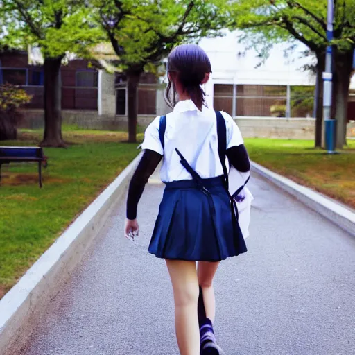 Image similar to cute anime girl going to school,