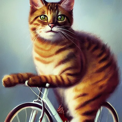 Image similar to head and shoulders masterpiece portrait of cute cat riding a bicycle, surreal background, digital art by Krenz Cushart, trending on artstation, cgsociety,