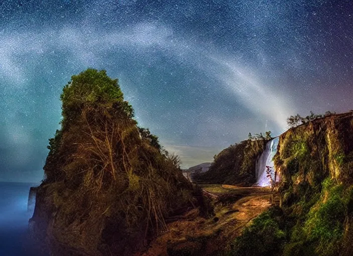 Image similar to a long capture photo of a magical waterfall, high cliff, night, stars in the sky