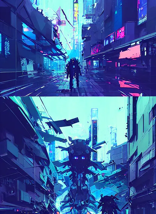 Prompt: cyber art, mutants rampaging in shinjuku street, blue starship in the background, art by ismail inceoglu