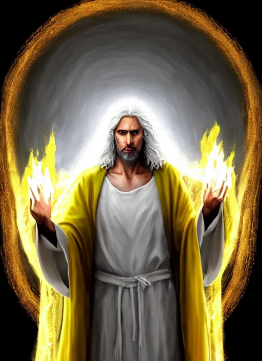 Prompt: « portrait of the white - haired jesus in a white robe and flaming yellow eyes, holding seven stars in right hand, grim colors, very realistic, high - contrast, intricate, elegant, highly detailed, digital painting, artstation, concept art, smooth, sharp focus, illustration »