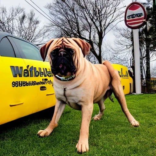 Prompt: a big boerboel dog in front of a wafflehouse