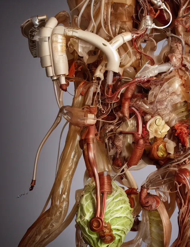 Image similar to a well - lit studio photograph of various earth - toned plastic translucent artificial hearts and organs, some wrinkled resembling reddish brown plastic cabbage, some long, various sizes, textures, and transparencies, beautiful, smooth, layered detailed, intricate art nouveau internal anatomy model