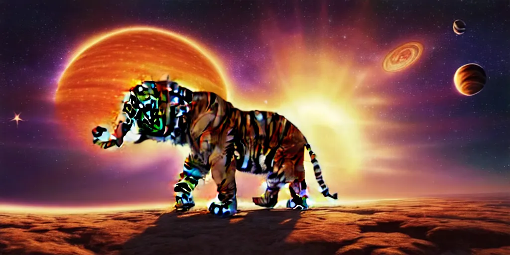 Image similar to planet - sized tiger elephant in space, next to the sun and stars, very wide shot, epic composition, hyper detailed, digital art, trending in artstation, cinematic lighting, studio quality, unreal engine 5 rendered, art style by klimt and nixeu and ian sprigger and wlop and krenz cushart