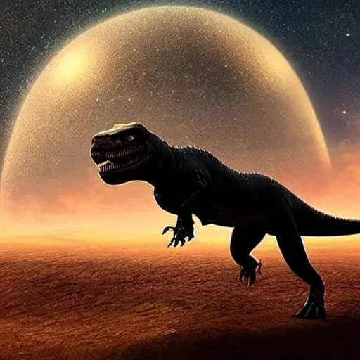 Image similar to A T-Rex looking at the meteor right before it hits the Earth.