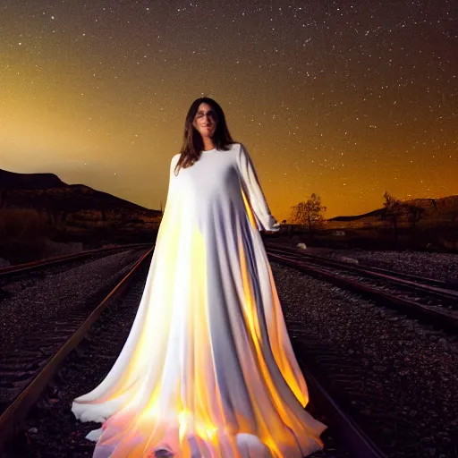 Prompt: photo, a woman in a giant flowing glowing illuminated white dress with an incredibly long train, standing inside a dark western rocky scenic landscape, volumetric lighting