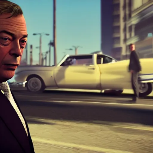 Image similar to nigel farage in gta 5, splash art, movie still, cinematic lighting, dramatic, octane render, long lens, shallow depth of field, bokeh, anamorphic lens flare, 8 k, hyper detailed, 3 5 mm film grain