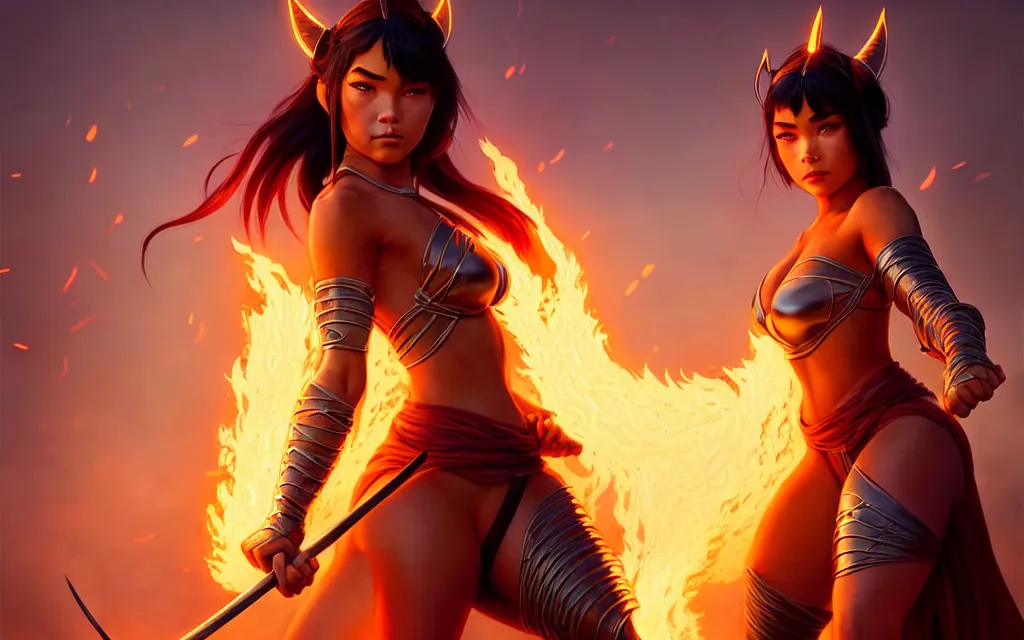 Image similar to weta disney pixar epic movie pinup shot of madison beer as samurai warrior catgirl by pixar : : flames : : by weta, greg rutkowski, wlop, ilya kuvshinov, rossdraws, artgerm, marvel, unreal engine, bright morning, anime