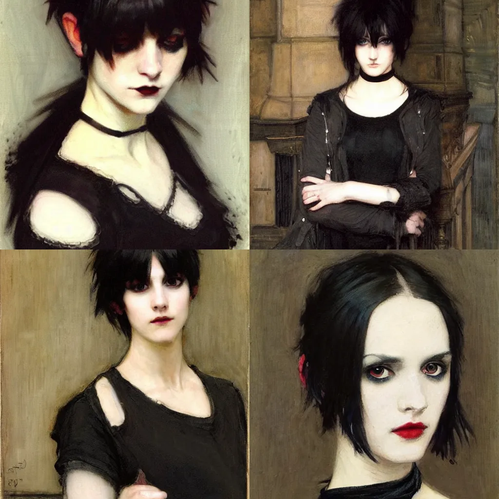 Prompt: a goth portrait painted by john william waterhouse. her hair is dark brown and cut into a short, messy pixie cut. she has a slightly rounded face, with a pointed chin, large entirely - black eyes, and a small nose. she is wearing a black tank top, a black leather jacket, a black knee - length skirt, a black choker, and black leather