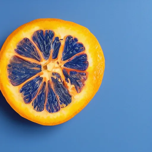 Image similar to A blue orange sliced in half laying on a blue floor in front of a blue wall