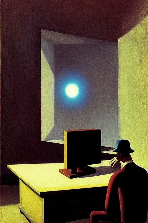 Image similar to a big eye in the television watching a man working, edward hopper and james gilleard zdzislaw beksisnski higly detailed