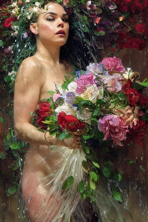 Image similar to portrait pitbull mr. worldwide holding a bouquet of flowing flowers, drenched body, wet dripping, hands hidden under the bouquet, emerging from the water, fantasy, regal, intricate, by stanley artgerm lau, greg rutkowski, thomas kindkade, alphonse mucha, loish, norman rockwell