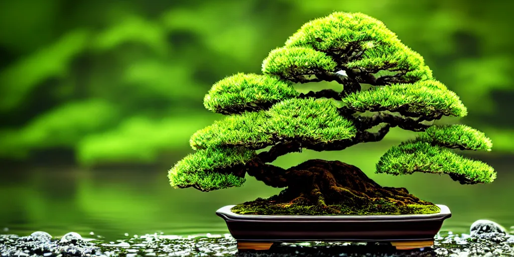 Prompt: photo bonsai cedar on a small emerald in the water, gold hour, soft lighting, rain, medium full shot, volumetric lighting, beautiful, ultra detailed, 3 5 mm, fujifilm