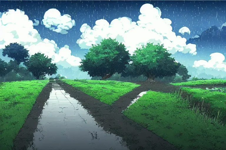 Prompt: landscape, summer, rain, morning, beautiful cloud, quiet, no people, Anime Background, illustration, sharp focus, intricate, super wide angle, trending on artstation, trending on deviantart, pixelart, pixelperfect, pixel art, pixel, color limit, nearest neighbor, hard edges