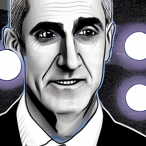 Image similar to digital illustration of secretary of denis mcdonough face, cover art of graphic novel, eyes replaced by glowing lights, glowing eyes, flashing eyes, balls of light for eyes, evil laugh, menacing, Machiavellian puppetmaster, villain, clean lines, clean ink