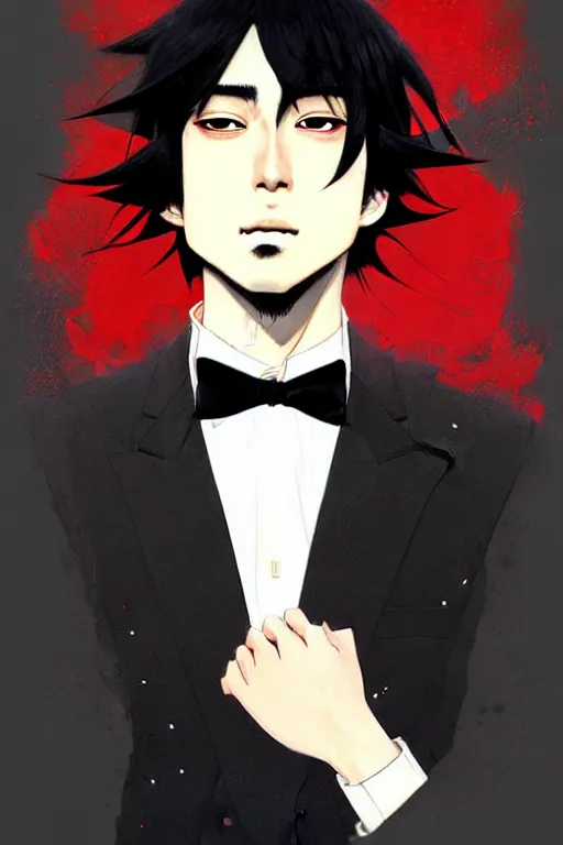 Image similar to a ultradetailed beautiful painting of kiriyama renn wearing a black bowler hat and a suit undershirt, he has black hair with bangs, by conrad roset, greg rutkowski and makoto shinkai trending on artstation