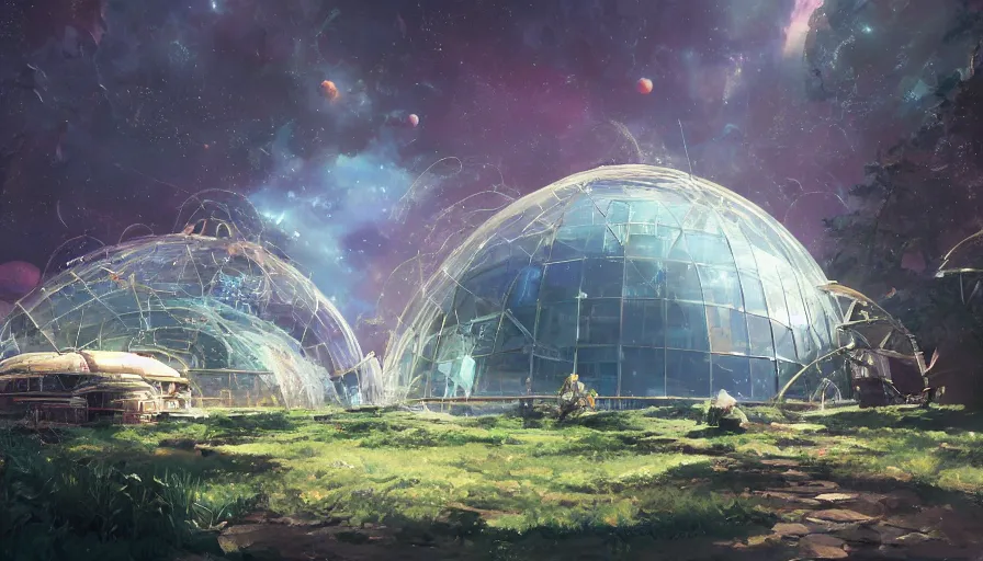 Prompt: craig mullins and ghibli digital illustration of a giant biodome in outer space, astrophotography, colorful, unreal engine, hyper realism, realistic shading, cinematic composition, realistic render, octane render, detailed textures, photorealistic, wide shot,