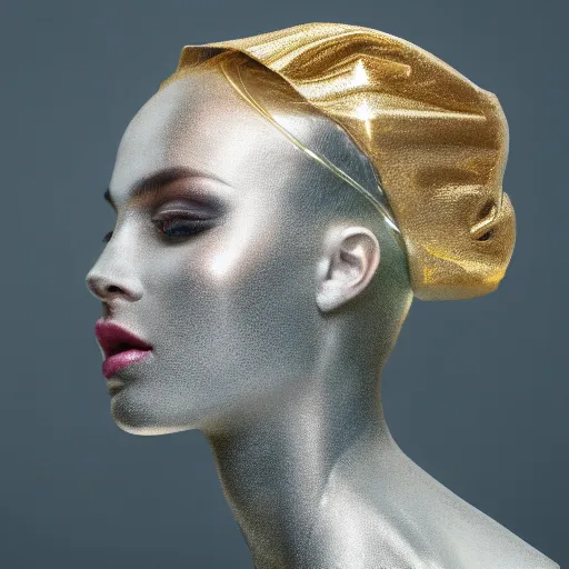 Prompt: portrait of a beautiful futuristic woman layered with high-tech jewelry wrapping around her face and head, silver-gold light