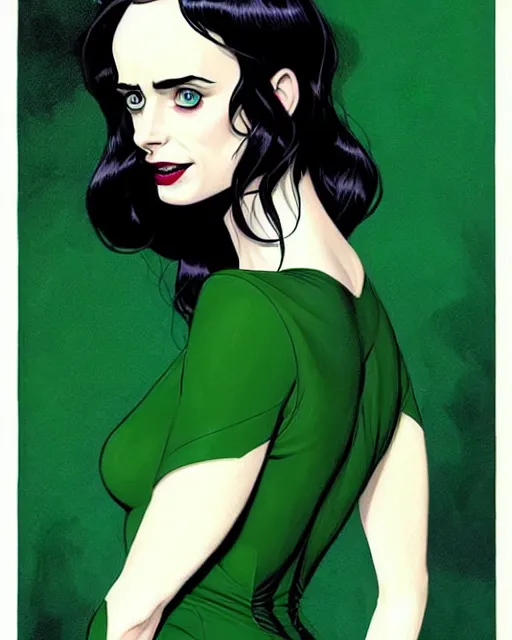 Image similar to beautiful witch Krysten Ritter, style of Joshua Middleton comic book art, Nick Dragotta comic art, black and green eyes, symmetrical face, symmetrical eyes, scary smile, full body, dark green dress